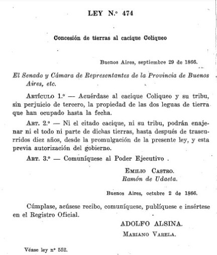 ley 474 donacion de tierras a LA TRIBU COLIQUEO de 2 legua